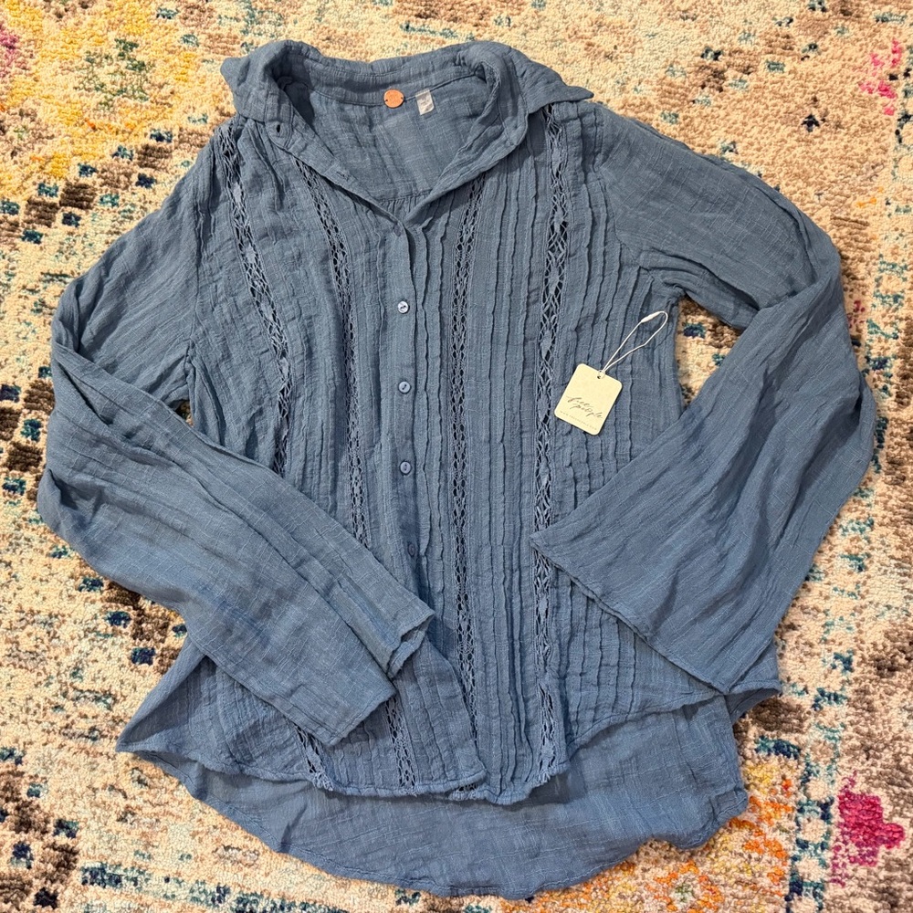 Free People Blue Button-Front Crochet Long-Sleeve Top - Picture 2 of 7